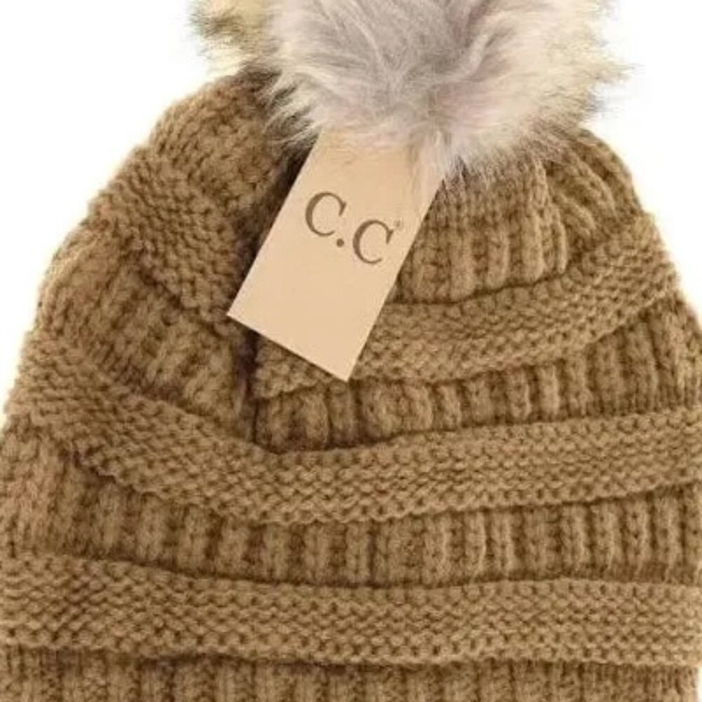 Metallic Faux Fur Pom Pom Beanie